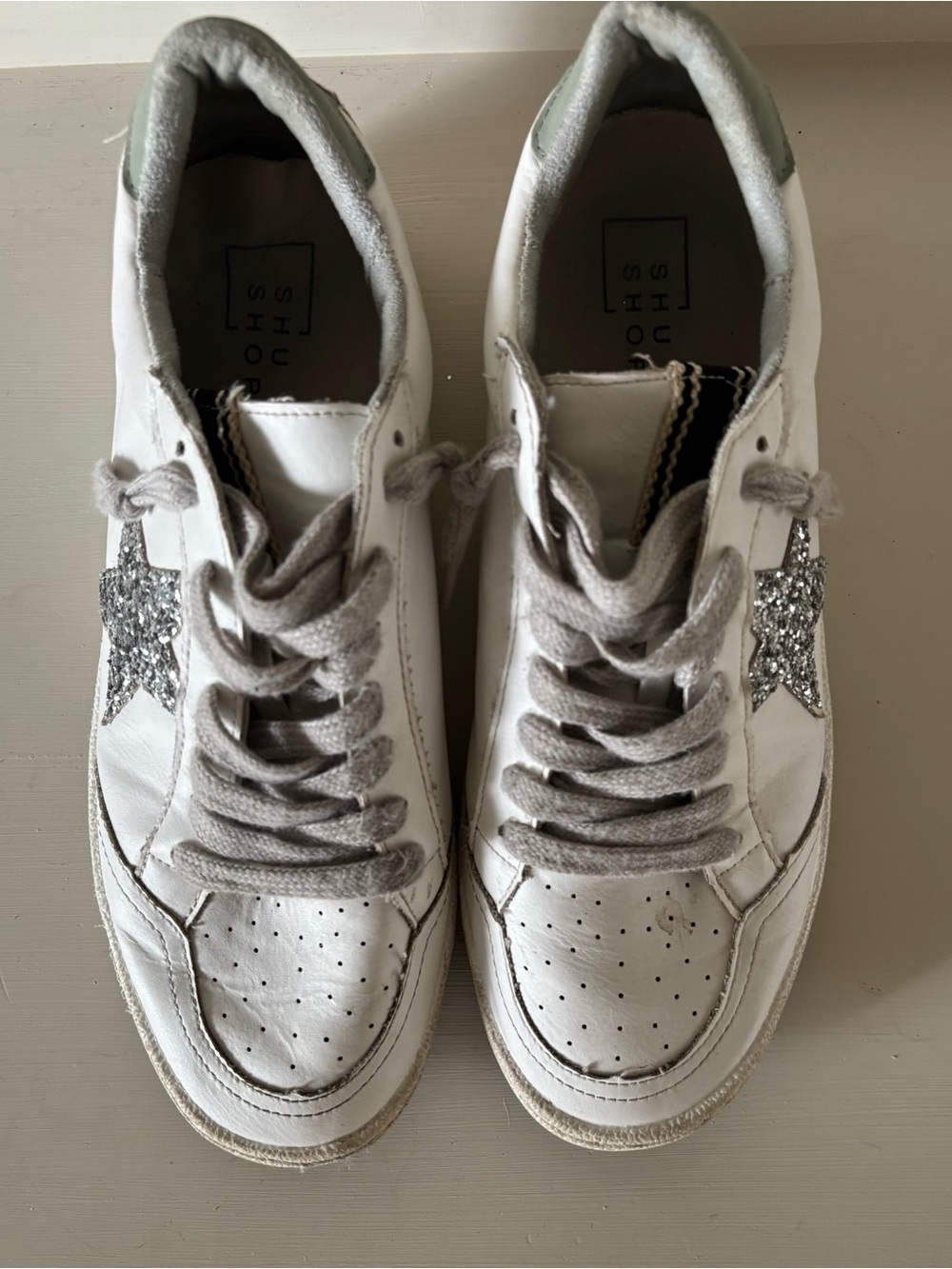 ShuShop White Sneakers with Silver Glitter Star Accents